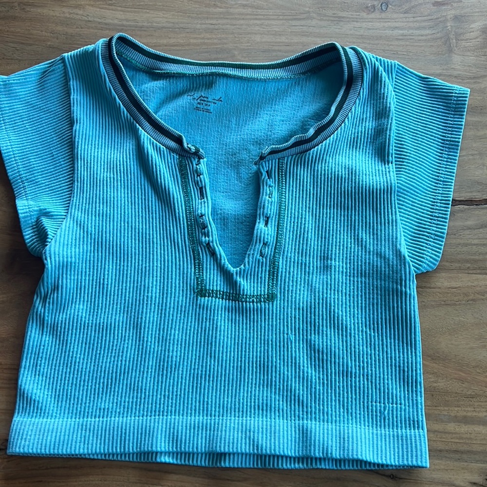 Light blue and turquoise cropped bralette shirt